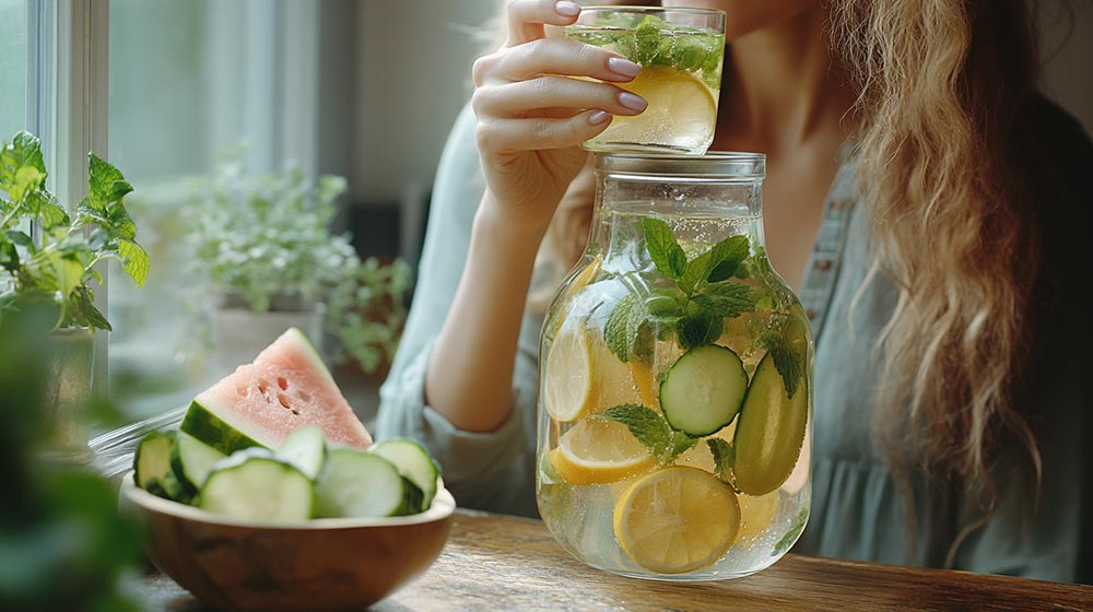 Femme de 5à ou 55 ans assise près d’une fenêtre, tenant un verre d’eau infusée au citron et à la menthe. Sur la table,, une carafe d’eau infusée et un bol de fruits riches en eau (pastèque, concombre) symbolisent les méthodes naturelles : comment la naturopathie peut t’aider à mieux vivre la ménopause.