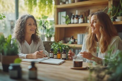 Femme d’environ 45 ou 50 ans en consultation dans un cabinet de naturopathie, face à une naturopathe souriante. Sur le bureau en bois clair, des plantes, des compléments alimentaires, des huiles essentielles et une tisane évoquent les méthodes naturelles. L’ambiance zen et chaleureuse reflète un accompagnement bienveillant pour mieux vivre la ménopause et retrouver l’équilibre.