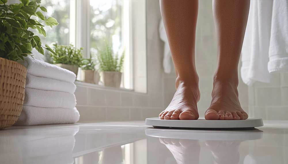 Gros plan sur les pieds d’une femme debout sur une balance dans une salle de bain lumineuse. Une plante verte dans un panier et des serviettes blanches pliées complètent la scène. Cette image illustre le début du parcours pour perdre du poids durablement, avec un environnement apaisant qui reflète une approche bienveillante et équilibrée pour atteindre ses objectifs.