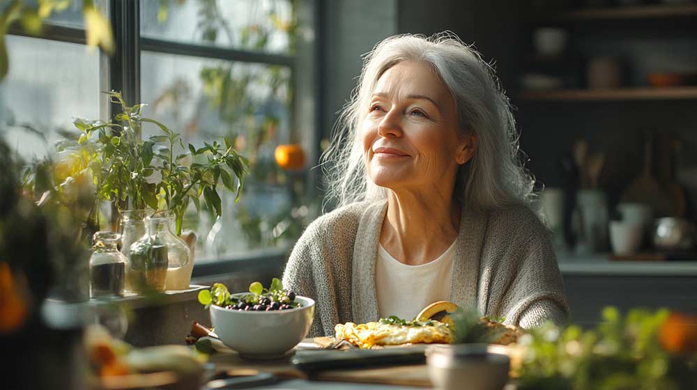 Femme d’environ 50 ou 55 ans savourant un petit-déjeuner équilibré dans une cuisine lumineuse. Sur la table, des aliments riches en protéines comme une omelette, des tranches d’avocat, un bol de yaourt avec des fruits rouges et des graines de chia, et une tartine de pain complet à la purée d’amandes. Un petit-déjeuner nutritif pour éviter les fringales, booster l’énergie et perdre du poids durablement.