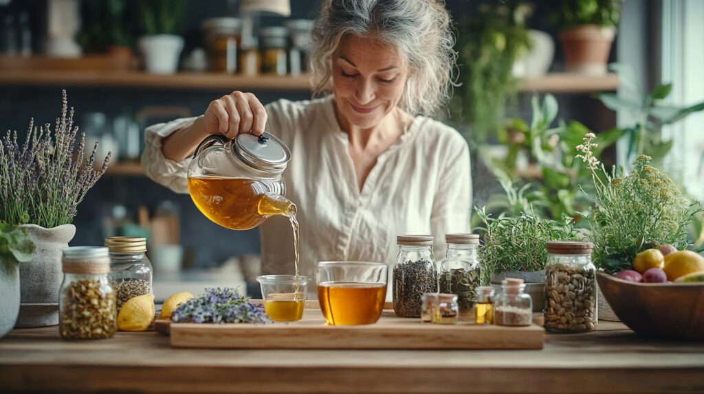 Femme entre 55 ou 60 ans préparant une tisane aux plantes dans une ambiance chaleureuse et naturelle. Autour d’elle, des bocaux d’herbes séchées comme la camomille et la mélisse, des flacons d’huiles essentielles et des compléments alimentaires.