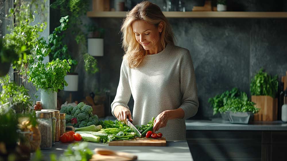 Femme blonde au cheveux long de 50 ou 55 ans debout dans sa cuisine, utilisant un ustensile ergonomique et maintenant une bonne posture pour prévenir les tensions et soulager les douleurs articulaires.