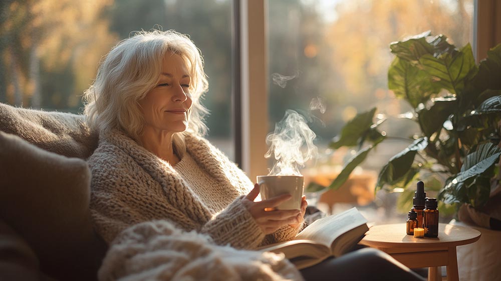 Image d’une femme d’environ 50 ans, assise dans son salon décoré dans un style zen et naturel. Elle tient une tasse de tisane, et sur une table basse se trouvent des huiles essentielles, des compléments alimentaires et un livre de bien-être. Une plante en pot et des accessoires en bois ajoutent une touche apaisante. Intégrer des méthodes naturelles dans ton quotidien permet de mieux vivre la ménopause tout en restant dans le confort de ton chez-toi.