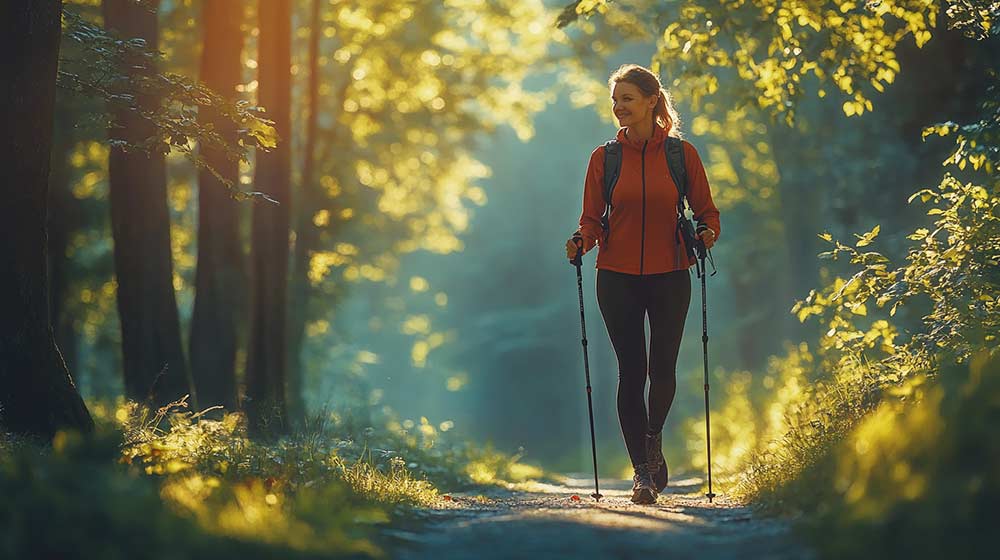 Femme d'environ 50 ans pratiquant la marche nordique dans un parc verdoyant pour améliorer sa mobilité et soulager ses douleurs articulaires grâce à une activité physique adaptée.