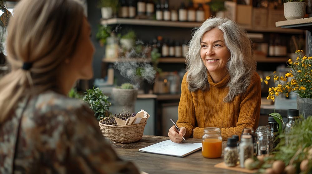 Dans un cadre chaleureux et naturel, une naturopathe aux cheveux gris, souriante et bienveillante, prend des notes tout en échangeant avec une autre femme. Sur la table, des plantes séchées, des flacons d’huiles essentielles et un pot de miel symbolisent les méthodes naturelles : comment la naturopathie peut t’aider à mieux vivre la ménopause.