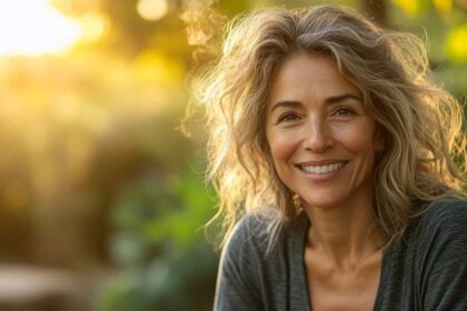 Femme de 50 ans souriante, en pleine forme, en tenue de sport au lever du soleil. Son énergie et son sourire reflètent les bienfaits d’un mode de vie actif et équilibré pour booster son métabolisme et retrouver une vitalité naturelle.