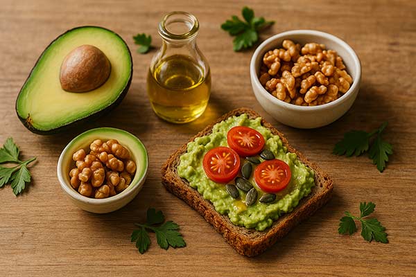 Aliments brûle-graisse riches en bonnes graisses : avocat, huile d’olive, noix, tartine de pain complet avec graines et légumes. Ces aliments favorisent la satiété, stimulent le métabolisme et aident à brûler les graisses naturellement.