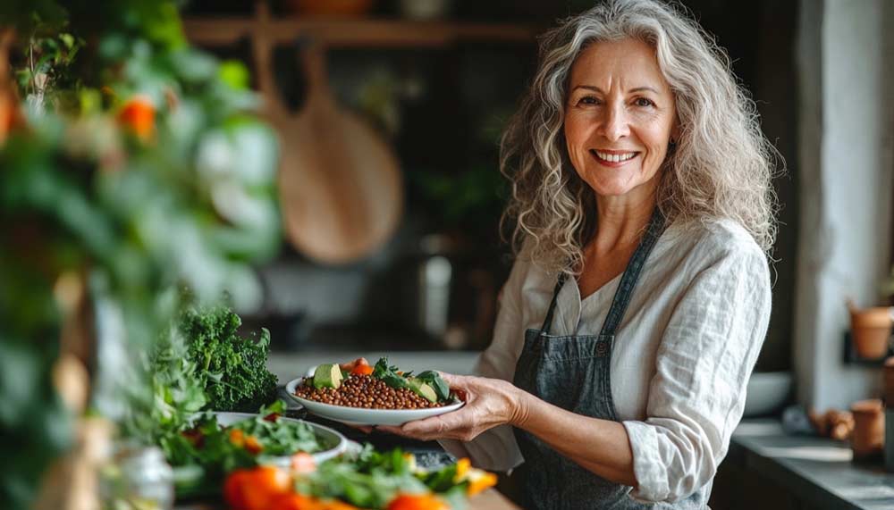 Femme de 50 ou 55 ans au cheveux longs et gris, souriante et rayonnante, en train de préparer un repas sain et équilibré à base d’aliments brûle-graisse comme l’avocat, le quinoa, les lentilles et les légumes frais, dans une cuisine lumineuse.