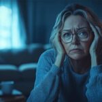 Femme d’environ 50 ans, assise dans un fauteuil sombre, le visage fatigué et marqué par des cernes profonds. Elle tient sa tête entre ses mains, semblant submergée par une lassitude intense. Son regard vide traduit un manque de concentration et une grande fatigue mentale, signes fréquents d’une carence en oméga 3. La lumière tamisée accentue la sensation de solitude et d’épuisement.
