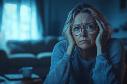 Femme d’environ 50 ans, assise dans un fauteuil sombre, le visage fatigué et marqué par des cernes profonds. Elle tient sa tête entre ses mains, semblant submergée par une lassitude intense. Son regard vide traduit un manque de concentration et une grande fatigue mentale, signes fréquents d’une carence en oméga 3. La lumière tamisée accentue la sensation de solitude et d’épuisement.