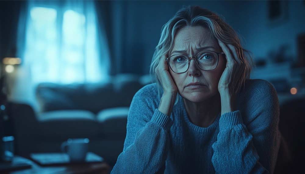 Femme d’environ 50 ans, assise dans un fauteuil sombre, le visage fatigué et marqué par des cernes profonds. Elle tient sa tête entre ses mains, semblant submergée par une lassitude intense. Son regard vide traduit un manque de concentration et une grande fatigue mentale, signes fréquents d’une carence en oméga 3. La lumière tamisée accentue la sensation de solitude et d’épuisement.