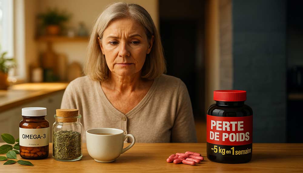 Femme d'environ 50 ans hésitante devant deux options : un flacon de compléments miracles promettant “perdre 5 kilos en 1 semaine” et des compléments alimentaires naturels comme les oméga-3 et le thé vert.