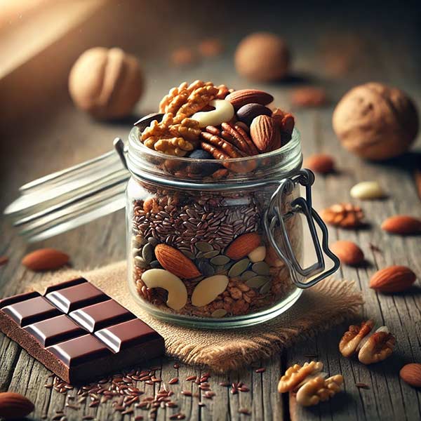 Un petit pot en verre joliment présenté, rempli d’un mélange de noix de Grenoble, graines de lin moulues, amandes naturelles et graines de courge, accompagné de carrés de chocolat noir 85 %.