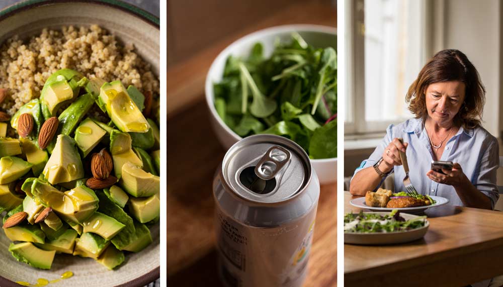 Triptyque illustrant trois erreurs courantes malgré la consommation d’aliments sains : une assiette trop riche en bonnes graisses (avocat, huile, noix), un mauvais combo avec des sucres rapides (salade + soda), et une femme de 50 ans mangeant sans conscience, en regardant son smartphone.