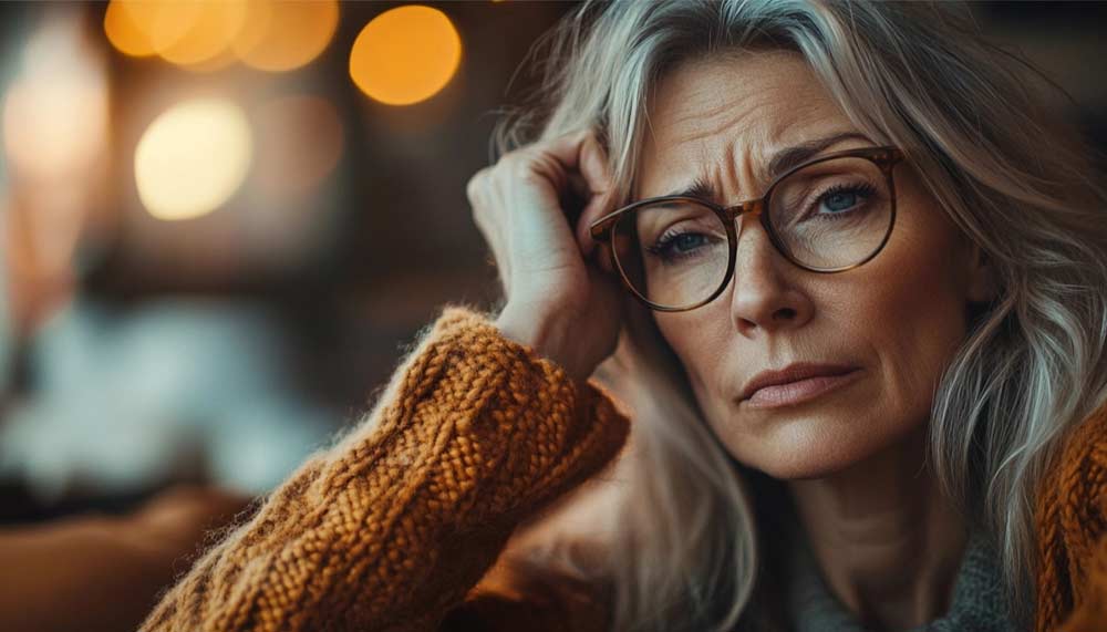 Femme d'environ 50 ou 55 ans assise dans son salon, l’air fatigué et préoccupé, frottant ses tempes avec un regard las. Ses yeux cernés, son sentiment d'épuisement, son manque de concentration, ... illustrent les symptômes possibles d’une carence en Oméga 3.