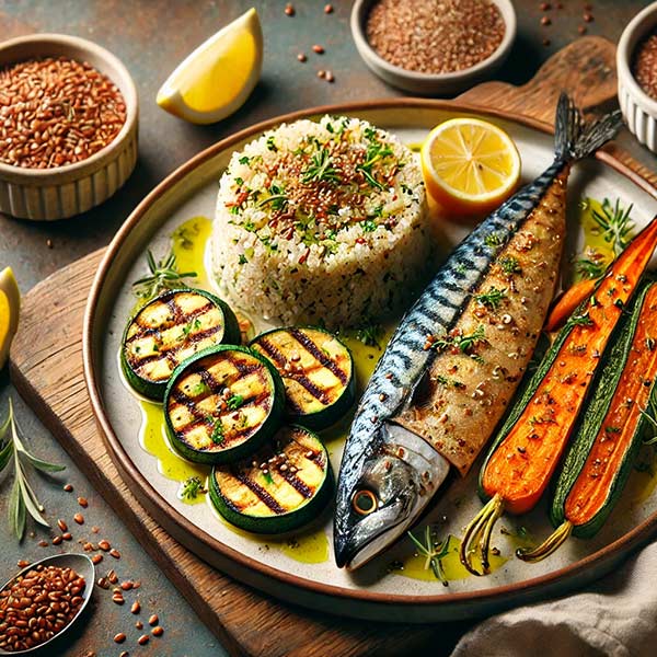 Un plat équilibré et gourmand composé d’un filet de maquereau grillé, accompagné de légumes rôtis (courgettes et carottes) et d’un bol de quinoa. Le tout est saupoudré de graines de lin moulues.