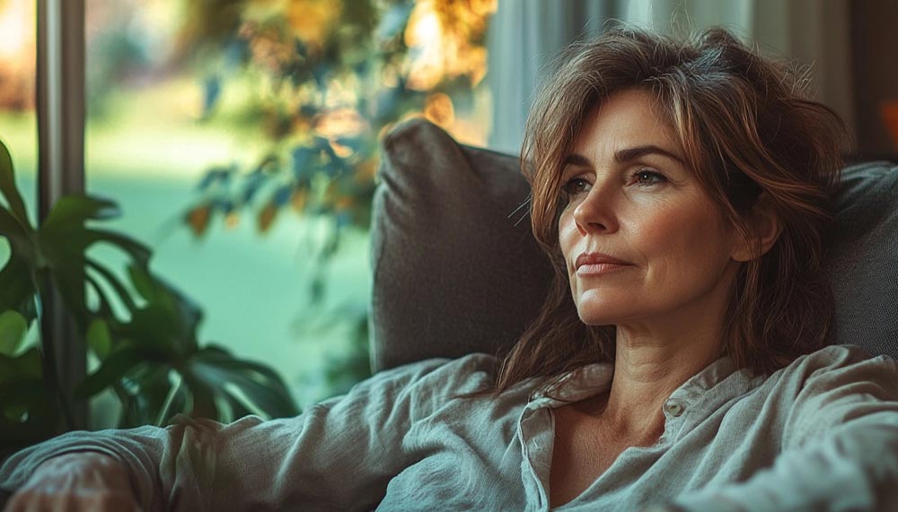 Une femme de 50 ou 55 ans est assise dans un fauteuil, regardant par la fenêtre avec une expression pensive. L’impact de la sédentarité sur la densité osseuse est discret mais réel .