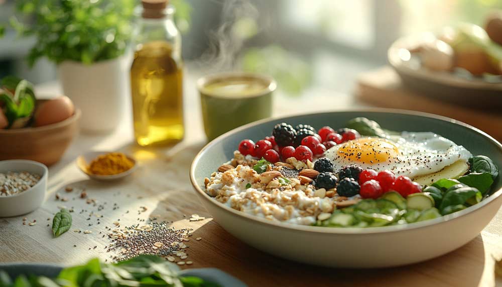 Petit-déjeuner sain et équilibré pour booster ton métabolisme naturellement. Une assiette avec des œufs au plat, des épinards et de l’avocat, accompagnée d’un bol de flocons d’avoine aux fruits rouges et noix, ainsi qu’une tasse de thé vert.