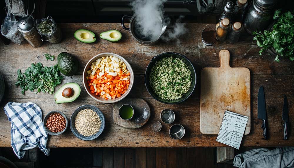 Vue en plongée d’un plan de travail en cuisine chaleureuse, montrant la préparation d’un repas sain et équilibré à base d’aliments brûle-graisse. La scène présente des ingrédients frais et colorés dans une ambiance rustique et naturelle, évoquant la simplicité de repas faits maison pour perdre du poids sans se priver. 