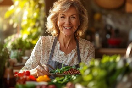 Femme d'environ 50 ou 55 ans souriante, préparant un repas sain à base d’aliments brûle-graisse comme l’avocat, le quinoa, les légumineuses et les légumes frais, dans une cuisine lumineuse. Une alimentation saine, équilibrée, riche en fibres, en bons gras et en protéines végétales, favorise la perte de poids naturelle après 50 ans, sans frustration ni régime restrictif.