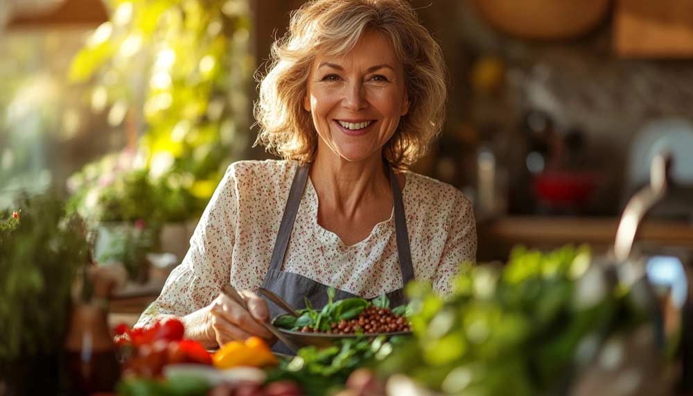 Femme d'environ 50 ou 55 ans souriante, préparant un repas sain à base d’aliments brûle-graisse comme l’avocat, le quinoa, les légumineuses et les légumes frais, dans une cuisine lumineuse. Une alimentation saine, équilibrée, riche en fibres, en bons gras et en protéines végétales, favorise la perte de poids naturelle après 50 ans, sans frustration ni régime restrictif.
