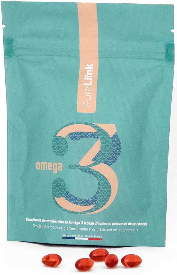 Sachet de compléments alimentaires Oméga 3 de la marque PureLiink, accompagné de gélules riches en acides gras essentiels. Ce complément premium, issu de poissons sauvages et d’huile de krill, aide à combler une carence en Oméga 3 et soutient la santé cardiovasculaire, cérébrale et articulaire. Sans métaux lourds et enrichi en antioxydants naturels, il garantit une absorption optimale pour une meilleure vitalité et un bien-être durable.