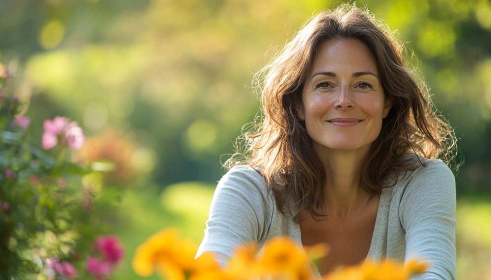 Femme entre 50 et 60 ans, souriante et sereine dans la nature appliquant une démarche positive pour inverser la prise de poids à la ménopause grâce à une approche sereine, naturelle et bienveillante.