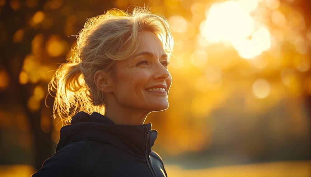 Une femme de plus de 50 ans en tenue de sport marche dans un parc au lever du soleil. Elle affiche un sourire confiant, illustrant l’importance de renforcer ses os après 50 ans grâce à une activité physique régulière.