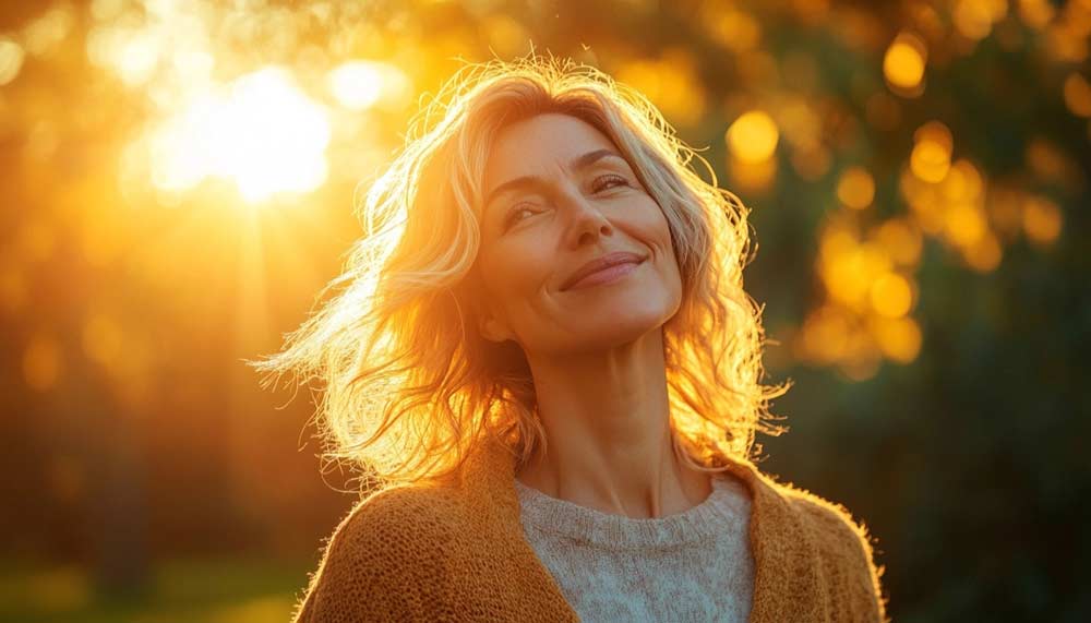 Femme entre 50 et 55 ans pleine d’énergie et de vitalité, profitant du soleil dans un parc. Chaque petit changement contribue à relancer naturellement ton métabolisme et à brûler plus de graisses, sans frustration. Fais confiance à ton corps et avance vers plus de légèreté et de vitalité