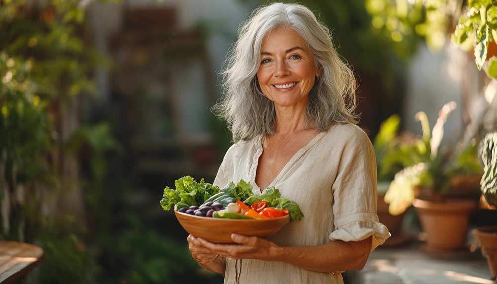 Femme rayonnante de 55 ou 60 ans, souriante et apaisée, dans un jardin baigné de lumière naturelle, représentant l’équilibre et la vitalité retrouvés grâce à une alimentation bienveillante.