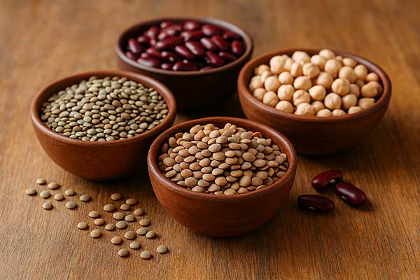 Quatre petits bols rustiques en céramique posés sur une table en bois accueillent des légumineuses variées : lentilles corail, pois chiches, haricots rouges et lentilles vertes. Ces aliments riches en protéines végétales et en fibres sont d’excellents aliments brûle-graisse, idéaux pour favoriser la satiété, stimuler le métabolisme et soutenir une perte de poids naturelle. 