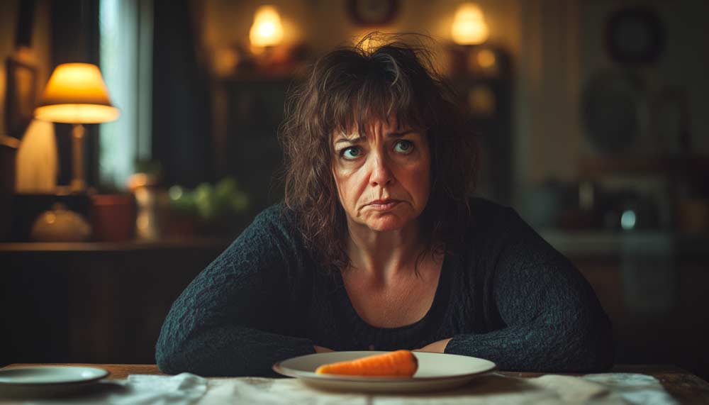Femme entre 50 et 60 ans, assise devant une assiette contenant uniquement une seule carotte frustrée par la privation de son régime restrictif et inefficace.