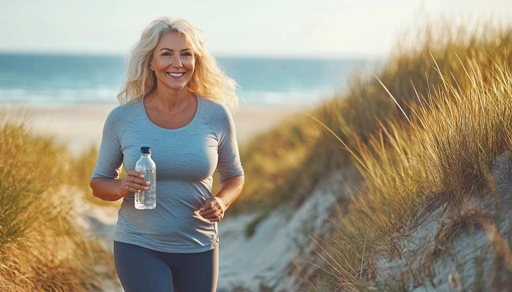 Femme de 55 ou 60 ans légèrement en surpoids marchant avec énergie dans les dunes en bord de mer, tenant une gourde à la main, symbolisant l’importance du mouvement quotidien, de l’hydratation et d’une routine douce pour booster son métabolisme.