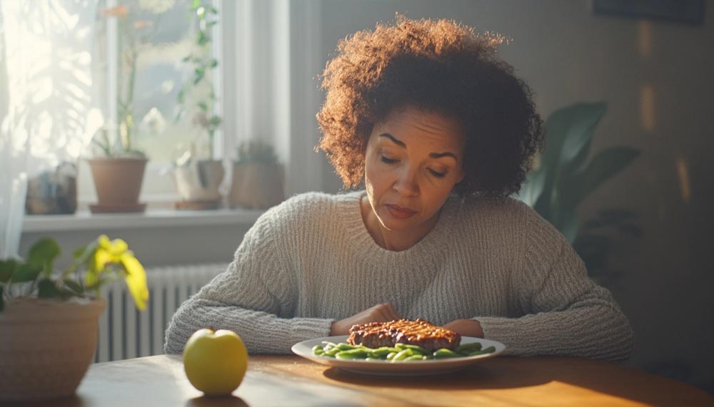 Femme de 55 ans fatiguée malgré une alimentation saine, assise à table devant une assiette équilibrée composée d'un steak et de haricots verts. Une illustration parfaite que les carences nutritionnelles cachées peuvent être responsables d'une fatigue chronique après 50 ans.