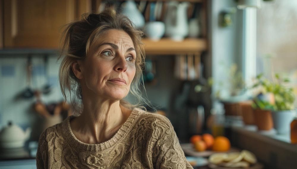 Femme d'environ 55 ans dans sa cuisine, visiblement fatiguée malgré une alimentation saine, Une preuve du lien entre un métabolisme ralenti et une sensation d’épuisement, perte d’énergie et sentiment d’être toujours fatiguée après 50 ans.