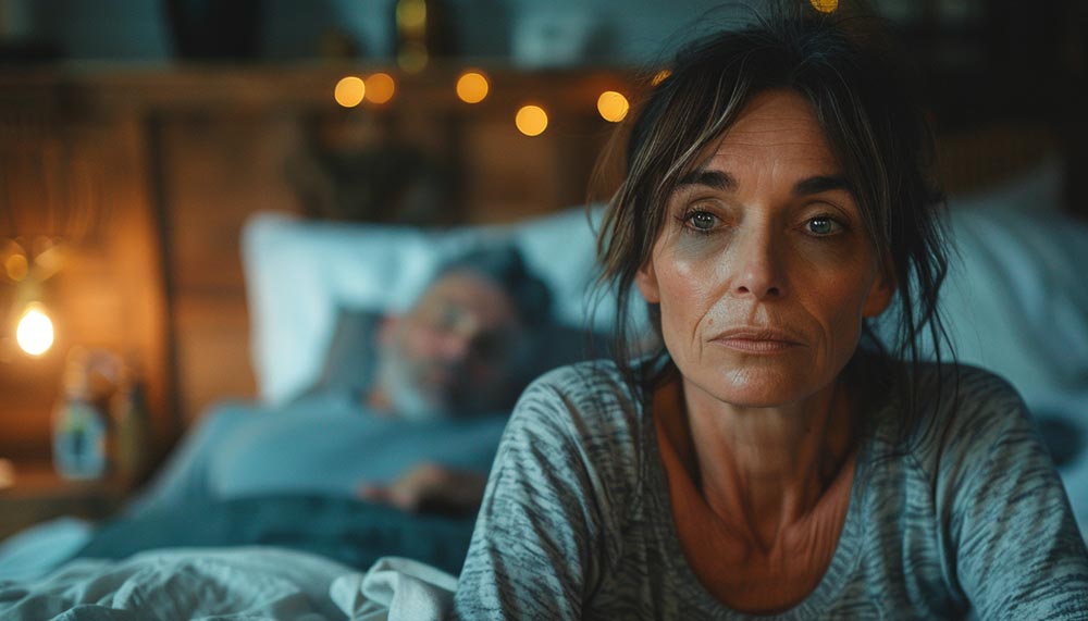 Femme de 50 ans éveillée en pleine nuit dans sa chambre, le regard fatigué, alors que son mari dort paisiblement dans son lit. Le sentiment d’être toujours fatiguée après 50 ans est notamment lié aux troubles du sommeil et aux insomnies souvent liés à la ménopause,