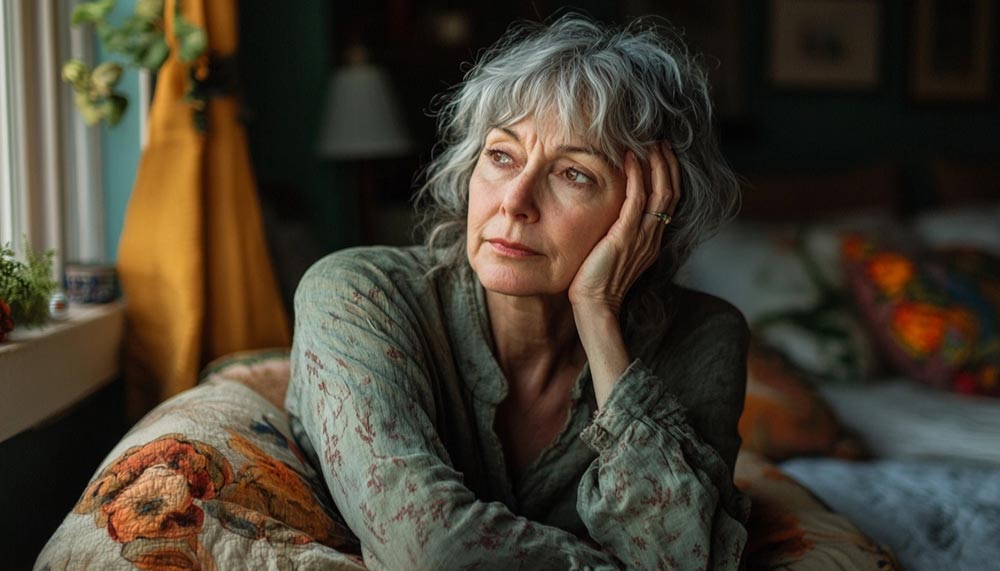 Femme d'environ 55 ans au cheveux grisonnants assise dans son salon, le regard vide, l’air épuisée. Cette sensation d’être toujours fatiguée sans raison apparente est un signe d'épuisement physique et mental.