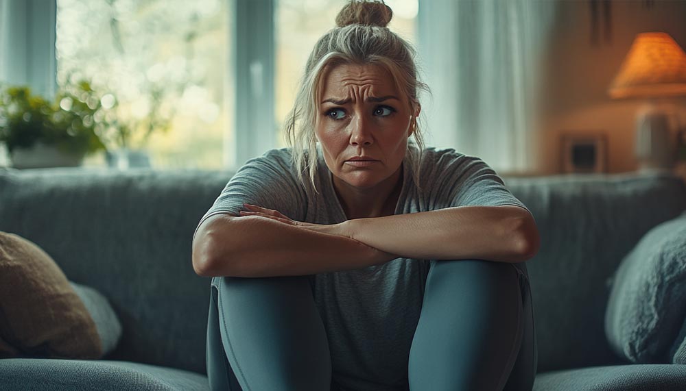 Femme de plus de 50 ans assise en tenue de sport sur son canapé, l’air épuisée et découragée. Cette sensation de fatigue persistante peut être liée à l’inactivité physique. Le manque d’énergie empêche de bouger et l’absence de mouvement aggrave l’épuisement, le moral et la vitalité : une véritable spirale infernale !