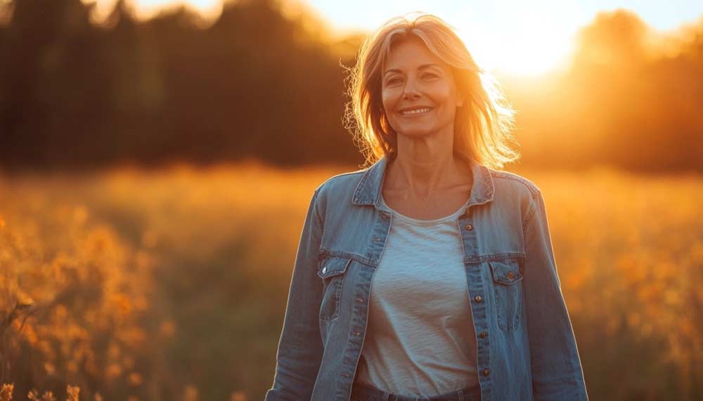 Femme d'environ 55 ou 60 ans avec une silhouette légèrement en surpoids, marchant sereinement dans la nature, symbolisant l'importance de la patience, de la bienveillance et de la régularité pour perdre du poids efficacement et durablement,