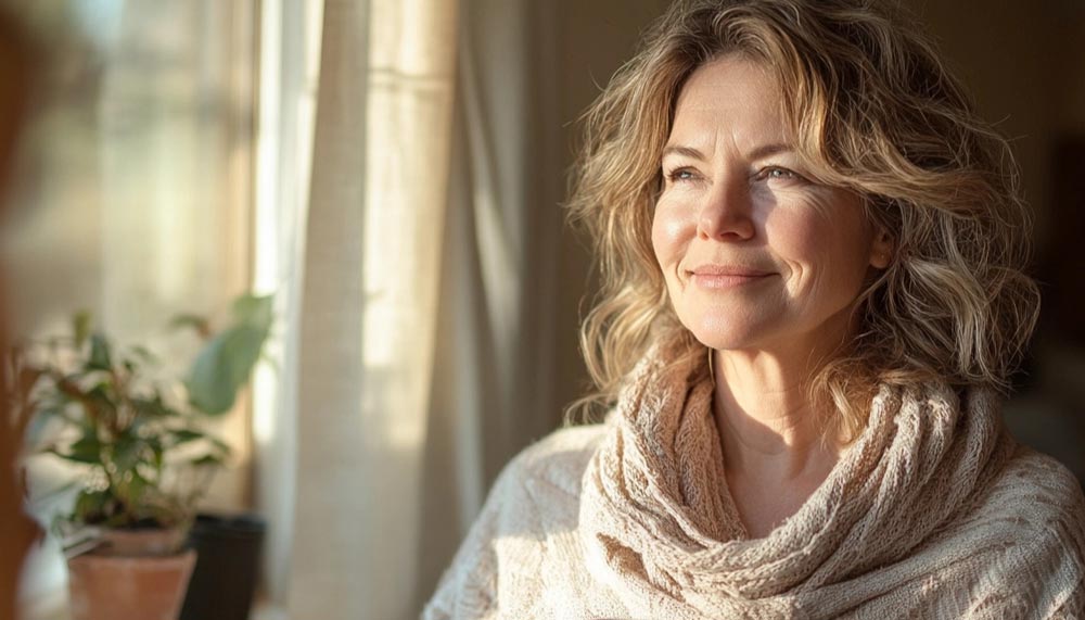 Femme de 50 ou 55 ans profitant d’un moment calme au réveil, debout près d’une fenêtre ensoleillée. Une habitude simple, comme l’exposition à la lumière naturelle, aide à réguler l’énergie, améliorer le sommeil et booster la vitalité au quotidien.