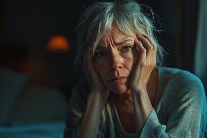 Femme de plus de 50 ans assise au bord de son lit, l’air abattue et fatiguée dès le réveil, Avoir la sensation d’être toujours fatiguée malgré le repos est un symptôme fréquent lié aux déséquilibres hormonaux, au stress et à un métabolisme ralenti.
