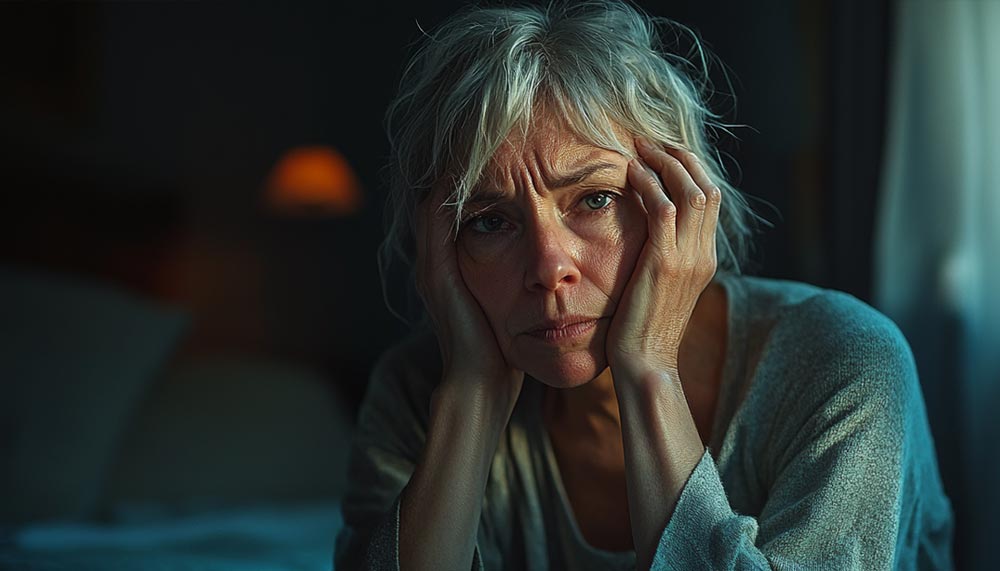 Femme de plus de 50 ans assise au bord de son lit, l’air abattue et fatiguée dès le réveil, Avoir la sensation d’être toujours fatiguée malgré le repos est un symptôme fréquent lié aux déséquilibres hormonaux, au stress et à un métabolisme ralenti.