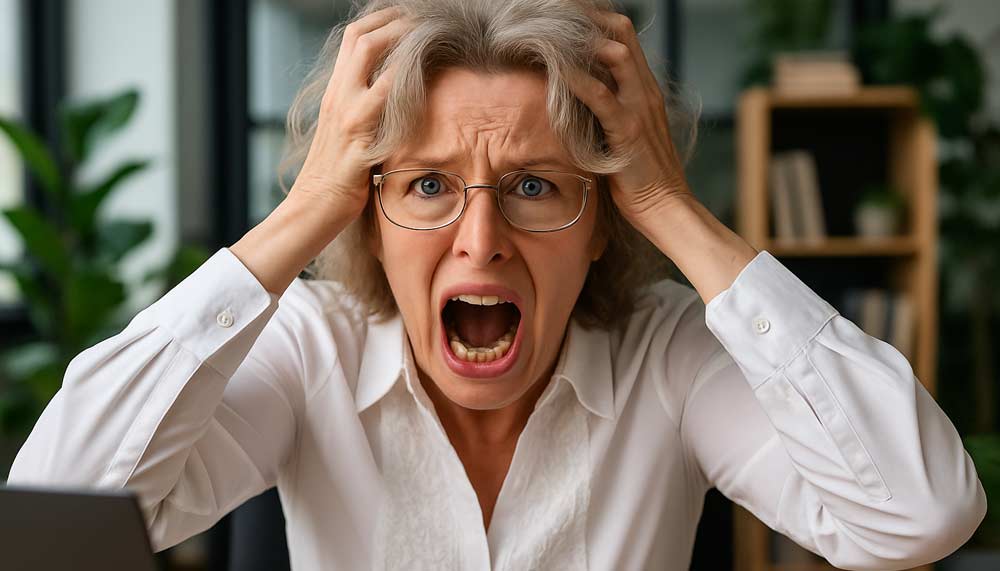 Femme d'environ 60 ans avec des lunettes et un chemisier blanc au bureau en état de stress intense et de frustration, criant et se tenant la tête. Cette anxiété et cette irritabilité font parti des symptômes fréquents de la ménopause.