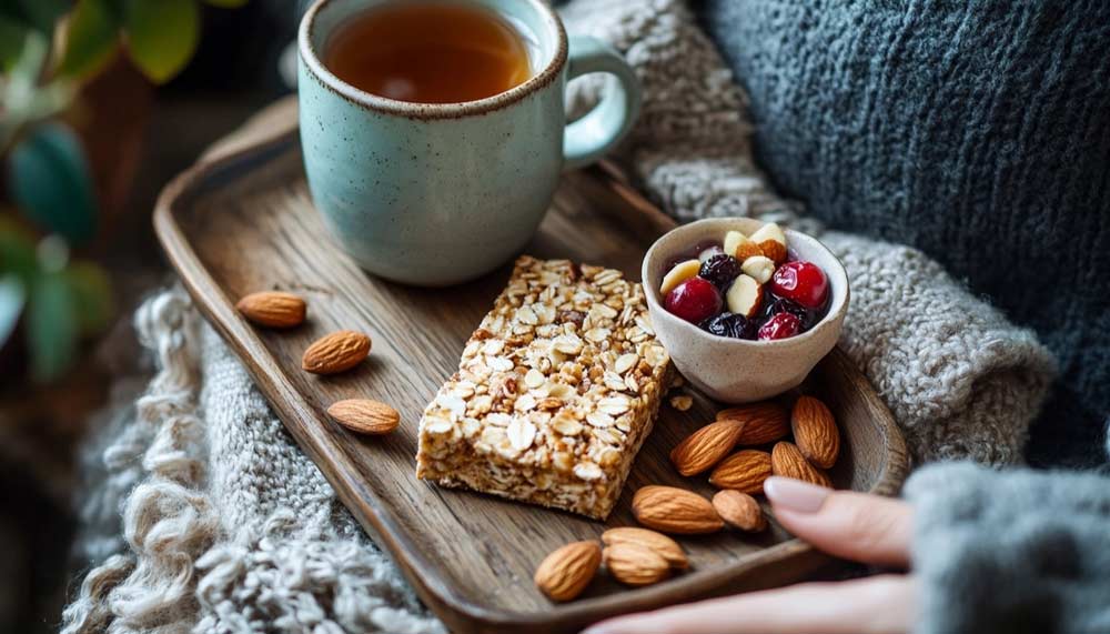 Plateau coupe-faim de collation saine avec une barre de céréales maison, des fruits secs dans un petit bol, des amandes et une infusion, posé sur un plaid sur les genoux d'une femme dont on aperçoit juste la main. 