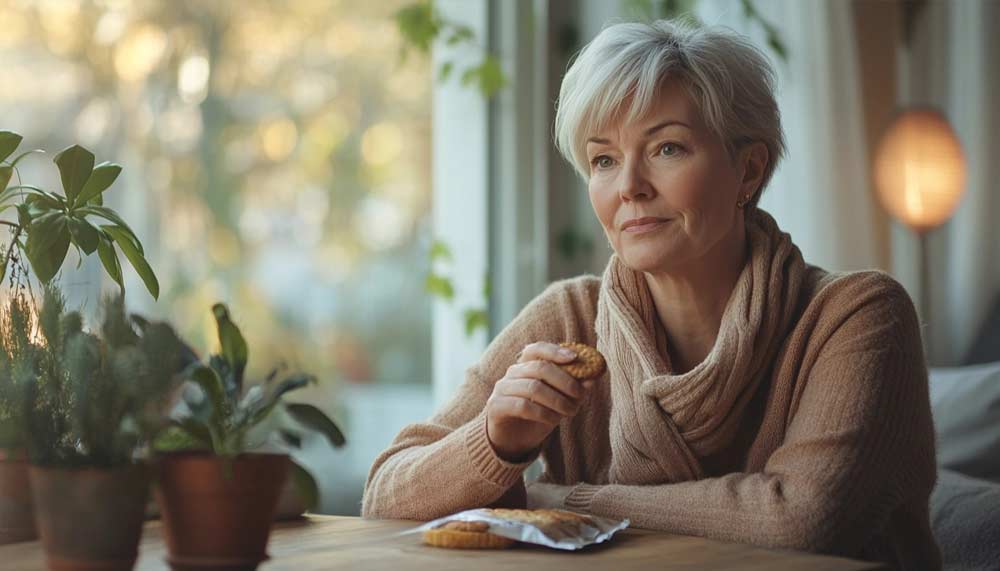 Femme d'environ 55 ans légèrement en surpoids, assise dans un salon cosy et lumineux, regardant pensivement un cookie dans sa main, symbole des fringales émotionnelles et des envies de grignotage après 50 ans. A cet âge, il est très difficile d' éviter les fringales en fin de journée, notamment liées au stress, à la fatigue ou aux émotions.