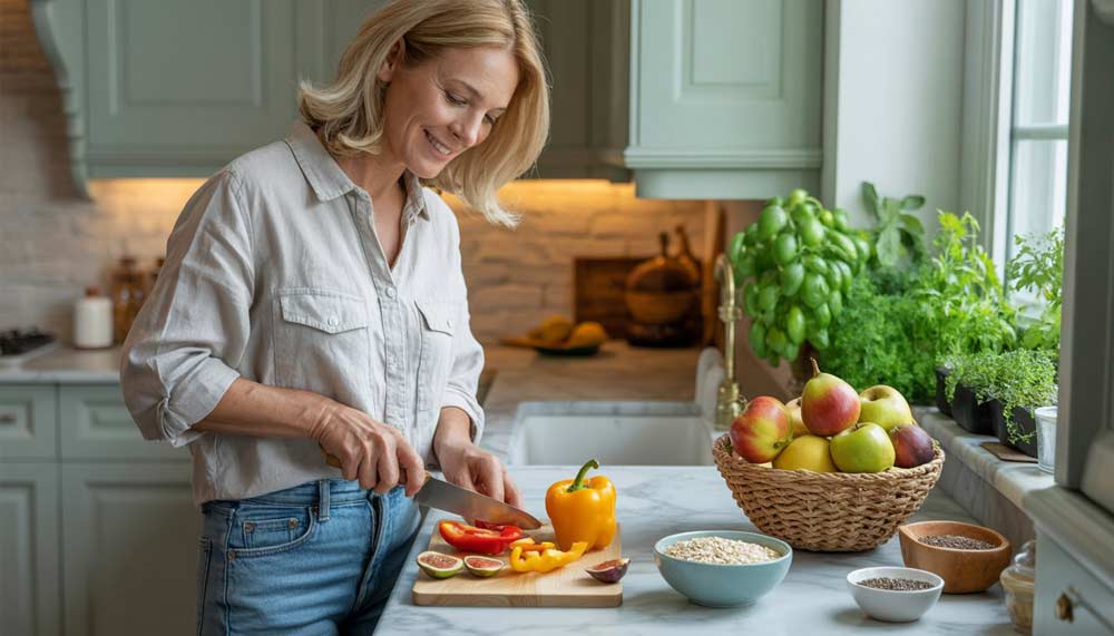 Femme blonde d’environ 55 ans souriante et heureuse de préparer un repas riche en fibres alimentaires dans sa cuisine lumineuse, avec des flocons d’avoine, des fruits frais et des légumes. Une alimentation naturelle et équilibrée permet d'améliorer la digestion, la satiété et l’énergie après 50 ans.