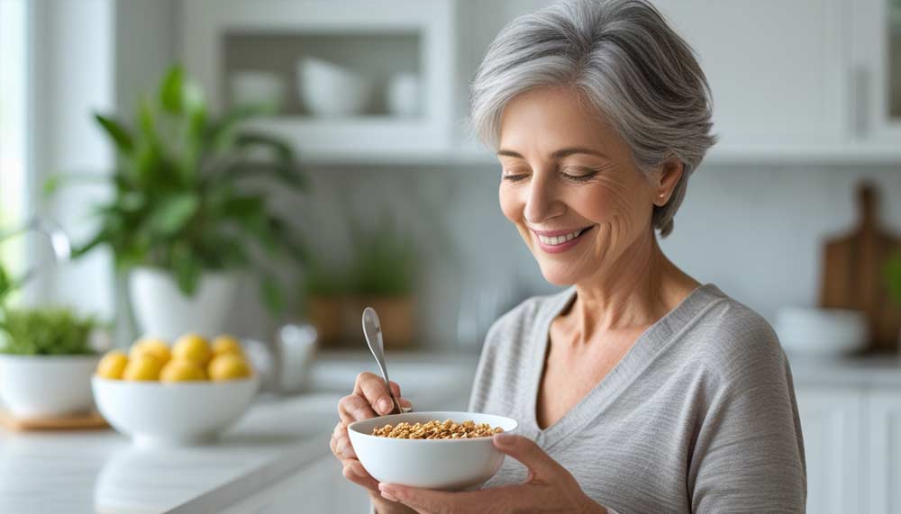 Femme entre 55 et 60 ans souriante dans une cuisine lumineuse, tenant un bol de céréales, incarnant une alimentation saine et naturelle après 50 ans pour améliorer la digestion, l’énergie et le transit intestinal.