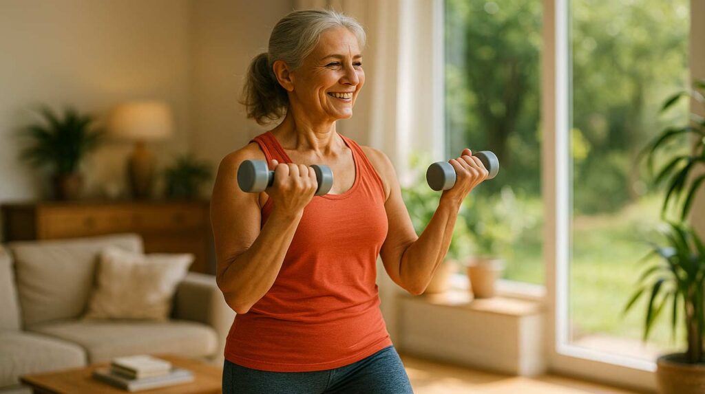 Femme de 60 ou 65 ans pratiquant une musculation douce à la maison avec des haltères, une approche respectueuse et progressive du renforcement musculaire pour les femmes après 50 ans : posture stable, mouvements lents, bien-être et efficacité durable.