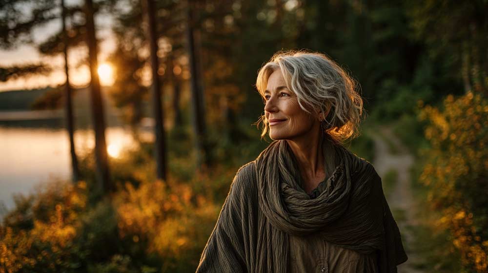 Femme d'environ 60 ans souriante, marchant avec sérénité sur un chemin au bord d'un lac au coucher du soleil, incarnant le retour à l’équilibre et l’importance du mouvement doux pour perdre du poids durablement
