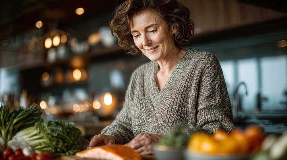 Femme de 55 ou 60 ans, élégante et détendue dans une cuisine moderne, en train de préparer un repas sain composé d’aliments bruts et colorés, illustrant une alimentation équilibrée et anti effet yoyo, fondée sur le plaisir, les nutriments et la conscience alimentaire.